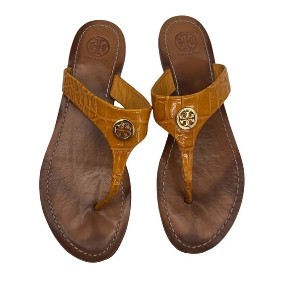 Tory Burch Brown Leather Thora Flat T-Strap Sandals Size 8 Women’s - Picture 4 of 8